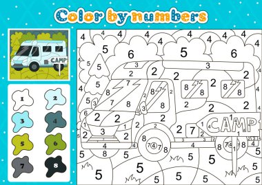 Minibüs veya karavan arabası olan çocukların dağıtım ya da kamp için araba temalı boyama sayfaları, çizgi film tarzında basılabilir eğitim çalışma kağıtları 