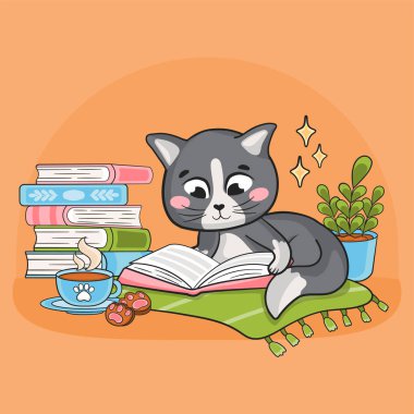 Kawaii kedi karakteri okuma kitabı, eğitim konsepti çizgi film stili çocuklar için akıllı hayvan sanatı.