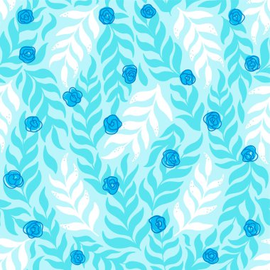 Zarif yaprak dalları ve mavi güller ile narin, dikişsiz desenli, açık mavi arka planda bahar veya yaz tekstil süsleri.