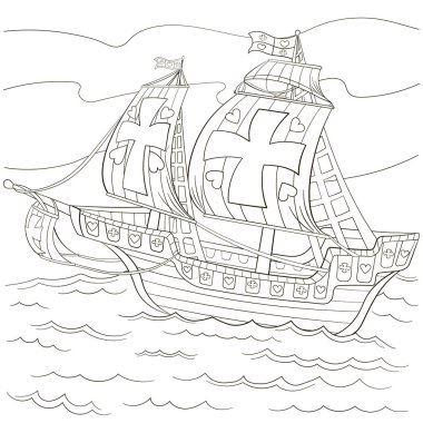 Deniz gemisi, Viking yelkenli tekne boyama sayfası çocuklar ve yetişkinler için, karikatür korsan gemisi, yaz teması siyah ve beyaz tarzı