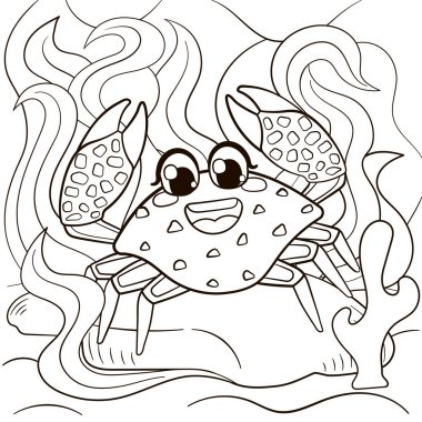 Çocuklar için çizgi film stili sevimli yengeç karakter boyama sayfası, deniz yaşamı vahşi hayvanlar çizimi çizimi