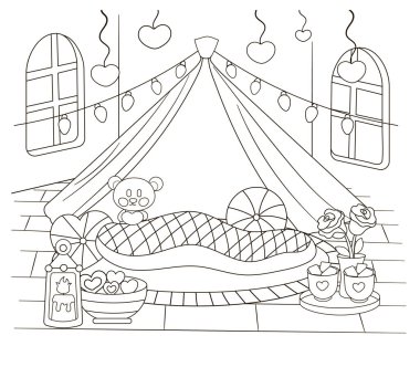 Sevgililer Günü renklendirme sayfası için oda iç tasarımı