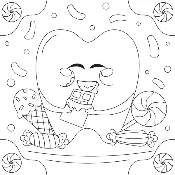 Diş bakımı teması, şeker yiyen sevimli dişçi karakteri ve siyah beyaz şekerlemeler, çocuklar için diş sağlığı kliniği boyama sayfası 