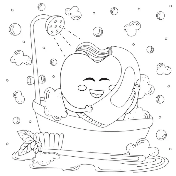 Banyoda yıkanan ve siyah-beyaz diş macunu kullanan sevimli dişçi temalı diş bakımı teması. Çocuklar için dişçi kliniği için boyama sayfası. 