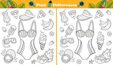 Siyah ve beyaz renkli sayfalar yaz temalı nesneleri olan çocuklar için 5 farklı oyun, şirin plaj mayosu, çocuklar için basılabilir oyun