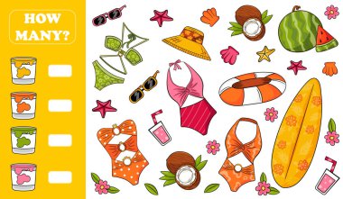 Yaz temalı nesneler, sörf tahtaları ve mayolar ile kaç tane sayma oyunu, tatildeki çocuklar için basılabilir etkinlikler