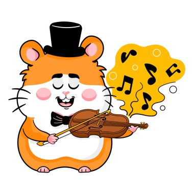Centilmen gibi giyinmiş, neşeli bir ifadeyle keman çalan büyüleyici bir çizgi film hamsterı. Çocuk kitapları, oyunlar veya eğitim malzemeleri için mükemmel..