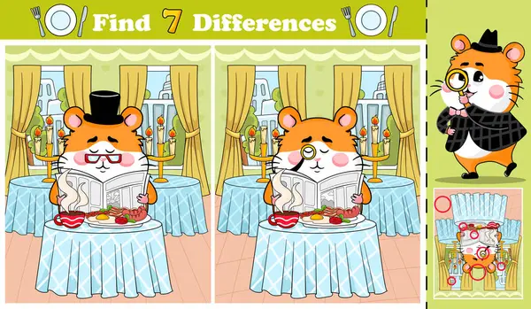 Basılabilir noktalar farklılık çalışma tablosunda bir restoranda oturan, kahvaltıdan zevk alan ve gazete okuyan sevimli bir hamster karakteri yer alıyor.