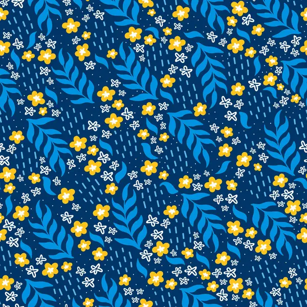 Koyu mavi arka planda narin beyaz ve sarı çiçekler ve mavi yapraklardan oluşan basit ve zarif bir çiçek deseni. Tekstil ve duvar kağıdı gibi çeşitli tasarım projeleri için mükemmel.