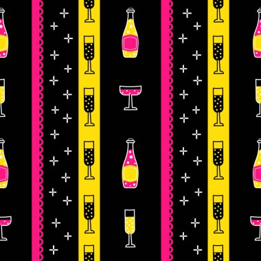 Şampanya şişeleri ve gözlüklerle dolu, siyah bir arka planda geometrik olarak düzenlenmiş, kusursuz bir şablon. Kutlama için mükemmel.