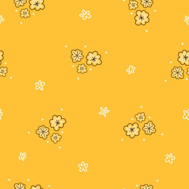 Sarı arka planda yaz kır çiçeklerini içeren, zarif kumaş, duvar kâğıdı ya da baskı tasarımları için mükemmel, biçimsiz desenler.