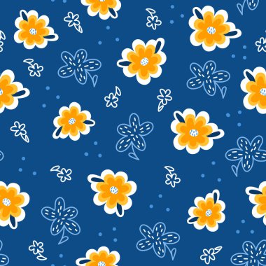 Beyaz ve sarı çiçekli desenli yaz gecesi çiçekleri mavi arka planda, yaz veya bahar kumaşı ve baskı projeleri için mükemmel.