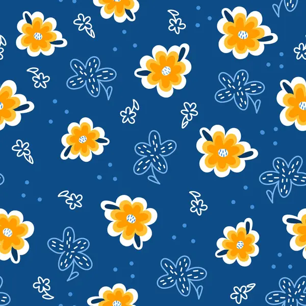 Beyaz ve sarı çiçekli desenli yaz gecesi çiçekleri mavi arka planda, yaz veya bahar kumaşı ve baskı projeleri için mükemmel.