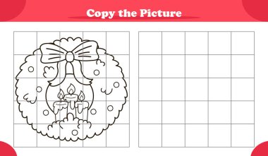 Çizgi film tarzında mumlarla Noel çelengi taşıyan çocuklar için eğlenceli bir resim kopyalama oyunu