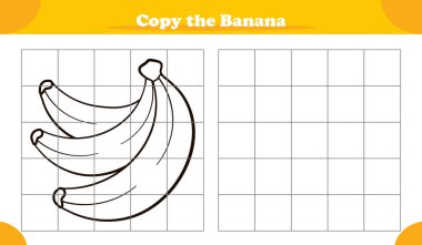 Çocuklar için eğitici örnek etkinlik oyunu muz meyvesi içeren, resmi kopyalayan ve nasıl çizileceğini öğrenen