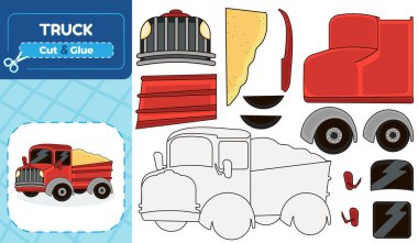 Kesik ve yapıştırıcı aktivitesi olan çocuklar için renkli bir kamyon yaratmak için eğitim programı, öğrenmek ve eğlenmek için mükemmel.