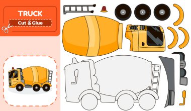 Kesik ve yapıştırıcı aktivitesi olan çocuklar için renkli bir beton karıştırıcı kamyonu yapmak için eğitim raporu, öğrenmek ve eğlenmek için mükemmel.