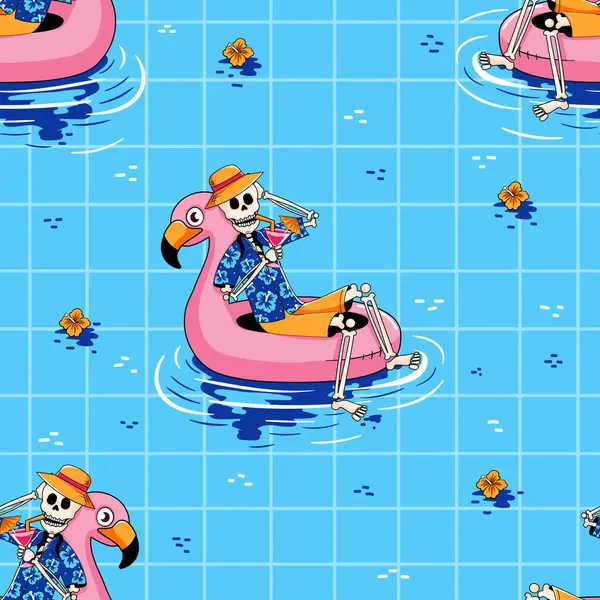 Havuzda flamingo şeklindeki şişme kutularda yüzerken Hawaii gömlekleriyle kokteyllerin tadını çıkaran kusursuz desenli iskeletler.