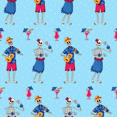 Hawaii kabile kıyafetleriyle dans eden iskeletler, tekstil için eğlenceli yaz baskısı.