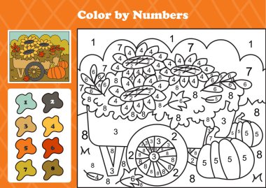 Ay çiçekleriyle dolu ahşap arabasıyla ve balkabağı bahçesinde bir numaralı av hayvanının sıcacık sonbahar temalı rengi. Çocuklar için yazdırılabilir etkinlik