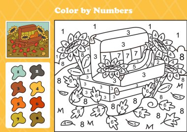 Sonbahar temalı renkler, bir bavul, balkabağı ve ayçiçeği eşliğinde sonbahar baharı bahçesi ortamında oynanan bir numara oyunu. Saydam arkaplanda yazdırılabilir çocuk aktivitesi.