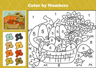 Sayılar tarafından basılabilir renk sayfası çocuklar için rahat sonbahar bahçesi, balkabakları, ayçiçekleri, elmalar, mantarlar ve sonbahar elementleri