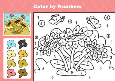 Bahçe içinde samimi ayçiçekleri ve kelebeklerle rakamlara göre renk, çocuklar için basılabilir eğitim vektörü