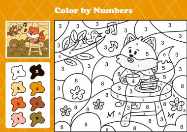 Bahçede çay içen şirin tilki eşliğinde oynanan ve sonbahar temalı sıcacık bir renk. Çocuklar için yazdırılabilir etkinlik