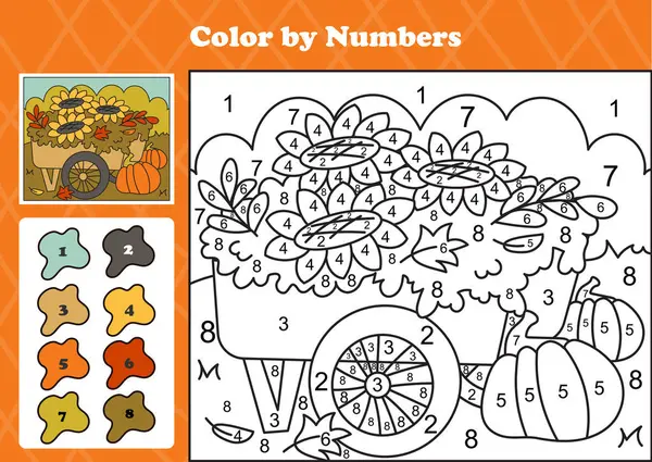 Ay çiçekleriyle dolu ahşap arabasıyla ve balkabağı bahçesinde bir numaralı av hayvanının sıcacık sonbahar temalı rengi. Çocuklar için yazdırılabilir etkinlik