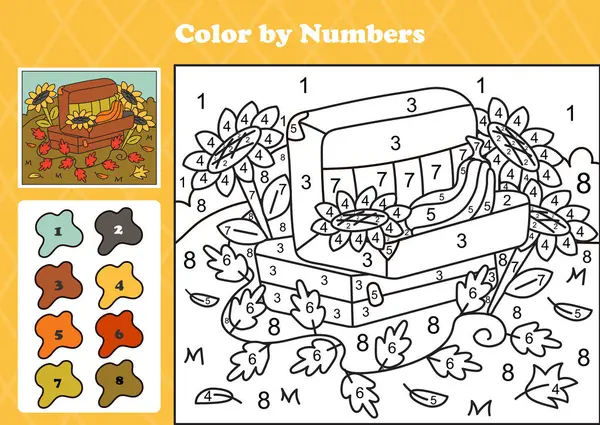 Sonbahar temalı renkler, bir bavul, balkabağı ve ayçiçeği eşliğinde sonbahar baharı bahçesi ortamında oynanan bir numara oyunu. Saydam arkaplanda yazdırılabilir çocuk aktivitesi.