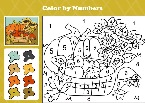Sayılar tarafından basılabilir renk sayfası çocuklar için rahat sonbahar bahçesi, balkabakları, ayçiçekleri, elmalar, mantarlar ve sonbahar elementleri