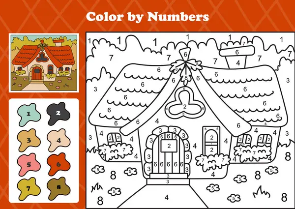Basılabilir vektör boyama sayfası. Çiçek bahçesi olan rahat bir kır evi. Küçük çocuklar için numaraların etkinliği tarafından eğlenceli ve eğitici bir renk olarak tasarlanmış..