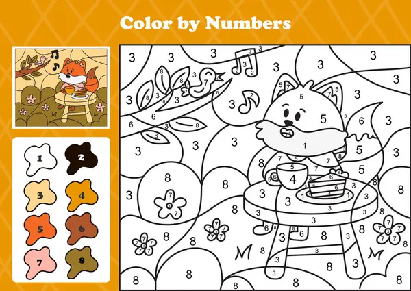 Bahçede çay içen şirin tilki eşliğinde oynanan ve sonbahar temalı sıcacık bir renk. Çocuklar için yazdırılabilir etkinlik