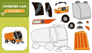Süpürge kamyonunun kağıt modeliyle basılabilir kesim ve yapıştırıcı aktivitesi. Çocukların inşaat araçlarıyla yapmaları, renklendirmeleri ve oynamaları için eğlenceli bir yapboz oyunu.