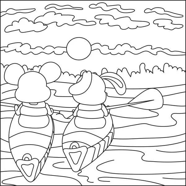 Sevimli tavşan ve fare karakterleri güzel bir gündoğumu ya da gün batımı sırasında suda huzurlu bir kano yolculuğunun tadını çıkarırlar. Çocuklar için mükemmel basılabilir renklendirme etkinliği.