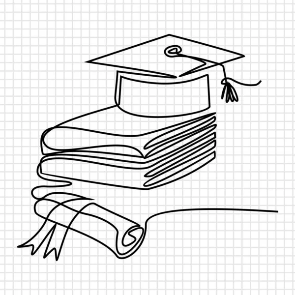 Καπέλο Αποφοίτησης Και Βιβλία Χέρι Σχέδιο Μόνο Μία Γραμμή — Διανυσματικό Αρχείο