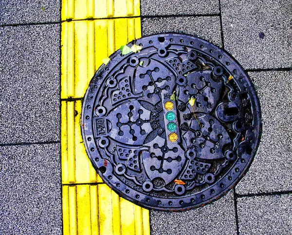 Tokyo Japan Juli 2008 Vackert Dekorerat Brunnslock Regnig Stad — Stockfoto