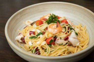 close-up of seafood spaghetti on plate