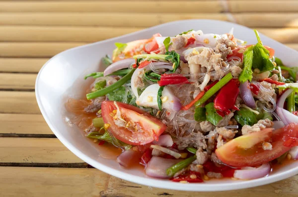Salada Macarrão Vidro Picante Com Carne Porco Picada Comida Tailandesa — Fotografia de Stock
