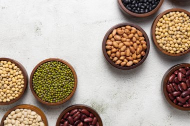 Fıstık, fasulye, fasulye, fasulye, soya fasulyesi, siyah fasulye ve fotokopi alanı olan beyaz böbrek fasulyesi. tahıl koleksiyonu