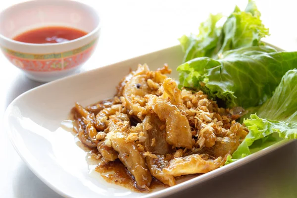 Fried Sand Whiting Fish Garlic Plate Thai Seafood — Stock Photo, Image