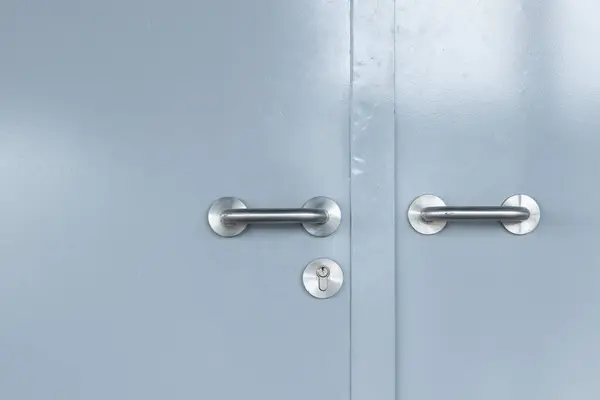 Stainless Aluminium Handles Grey Steel Door — Stock Photo, Image