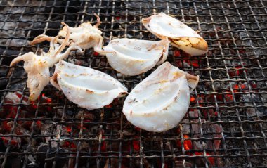 Kömür ocağında ızgara mürekkep balığı.