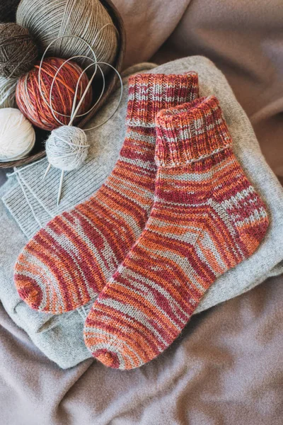 Hand Knitted Socks Needles Yarn Ball Concept Handmade Hygge Slow — Stock Photo, Image