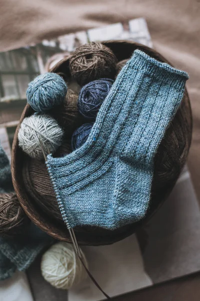 Hand Knitted Socks Needles Yarn Ball Basket Concept Handmade Hygge — Stock Photo, Image