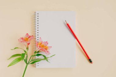 Notebook with blank page, pink flower and pencil on light yellow background. Flat lay. Place for text.