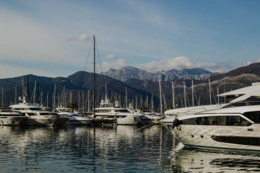 Amazing view of yacht marina Porto Montenegro in Tivat, Montenegro. Beautiful sunny day. Travel destination in Montenegro.