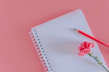 Beautiful pink Carnation flower and notebook with pencil on a bright pink background. Place for text.