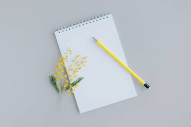 Notebook with blank page, mimosa flower and pencil on light grey background. Flat lay. Place for text.