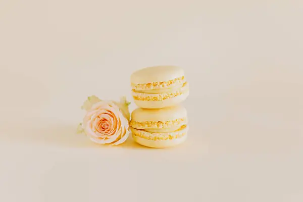 Macarons Français Savoureux Avec Des Fleurs Roses Tendres Sur Fond — Photo